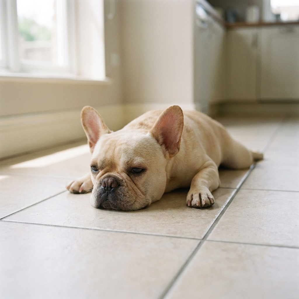 Dog resting belly-down on cool tile (placeholder)