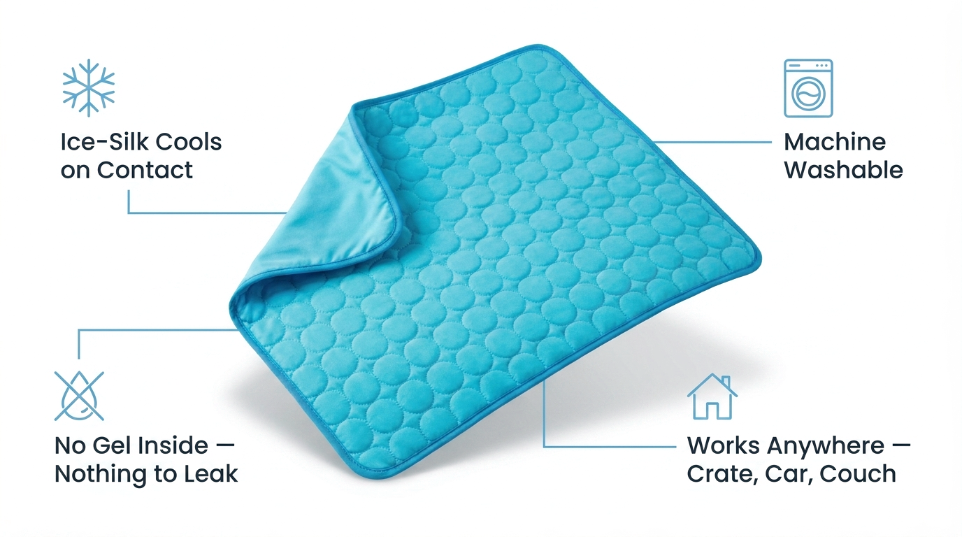 Inside CoolHound: ice-silk cools on contact, no gel inside, machine washable, works anywhere