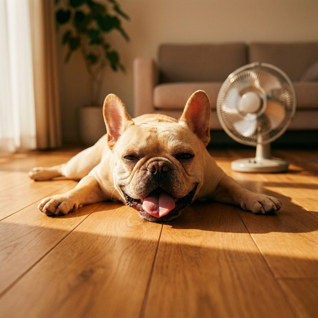 Flat-faced dog panting in the heat (placeholder)