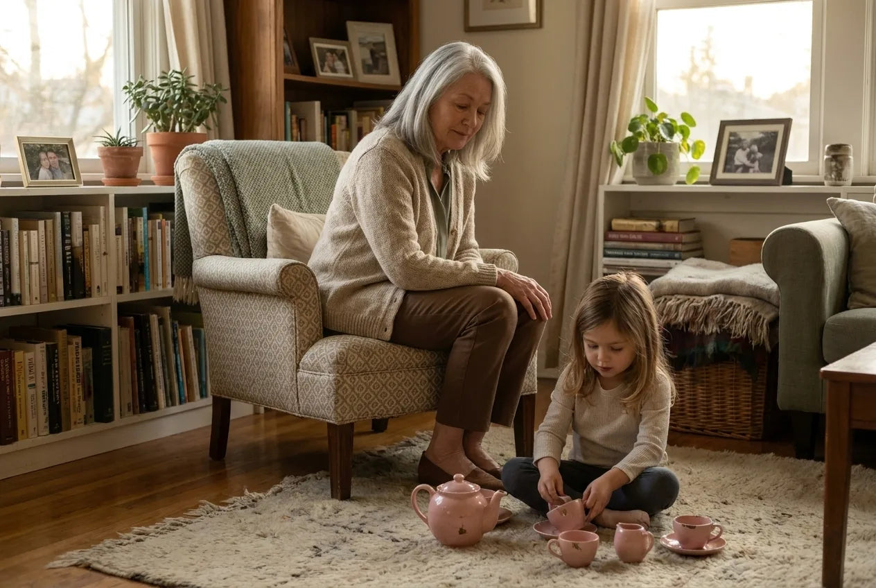 An older woman in an armchair watching her granddaughter play with a tea set on the rug