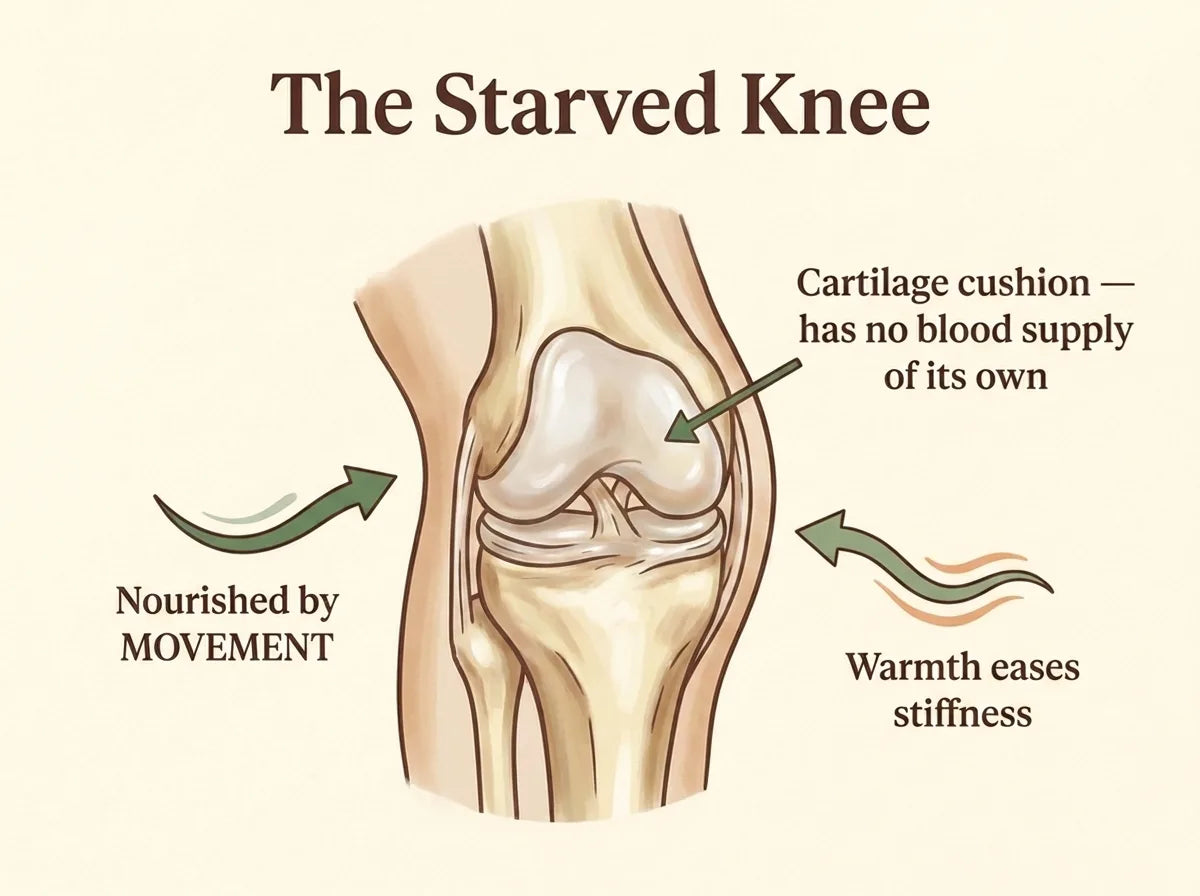 Diagram titled The Starved Knee showing cartilage nourished by movement and warmth