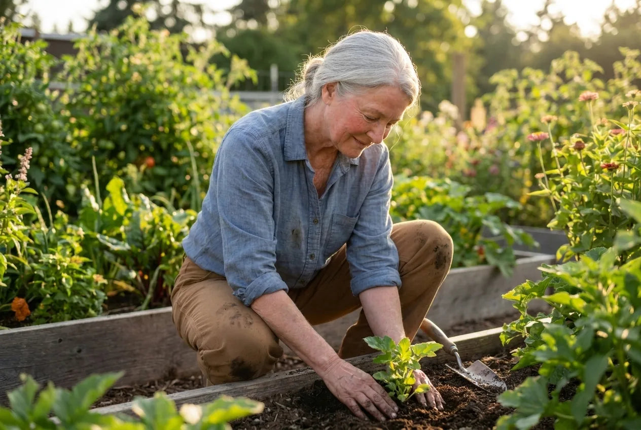 An older woman kneeling in her garden planting a seedling