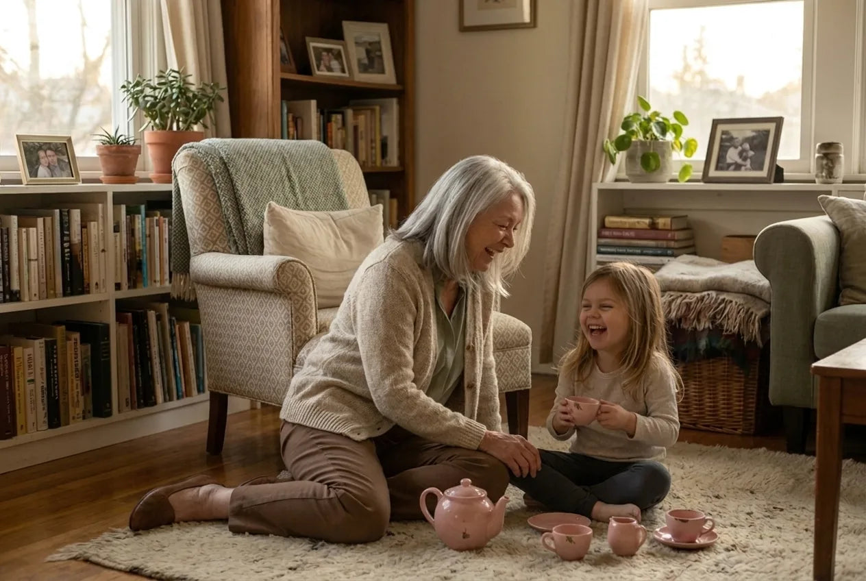 An older woman sitting on the floor laughing with her granddaughter over a tea set